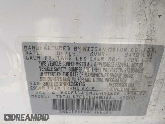 2019 Nissan Note SV with VIN 3N1CE2CP8KL366185, listed as a IAAI auction lot 42265791 with 53,250 mi miles and . Bid and sale history available at DreamBid. Image 9.