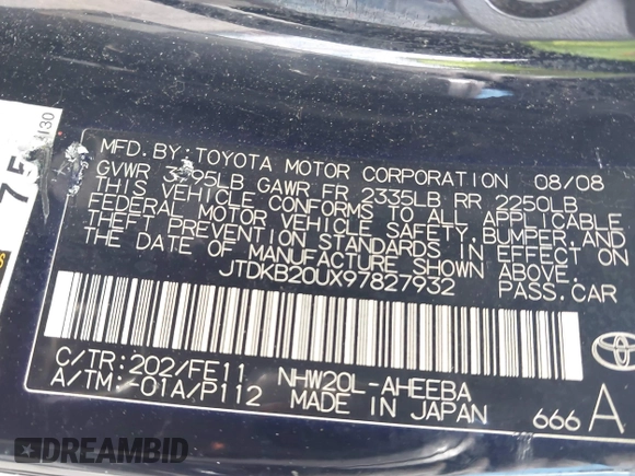 2009 Toyota Prius with VIN JTDKB20UX97827932, listed as a IAAI auction lot 41684730 with 272,306 mi miles and . Bid and sale history available at DreamBid. Image 9.