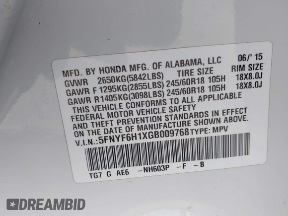2016 Honda Pilot LX with VIN 5FNYF6H1XGB009768, listed as a IAAI auction lot 41666109 with 137,733 mi miles. Bid and sale history available at carsss.com. Image 9.
