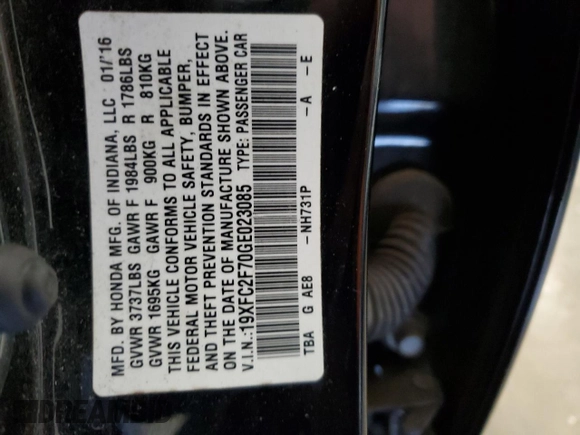 2016 Honda Civic EX with VIN 19XFC2F70GE023085, listed as a Copart auction lot 54716635 with 208,461 mi miles and Salvage Title. Bid and sale history available at DreamBid. Image 12.