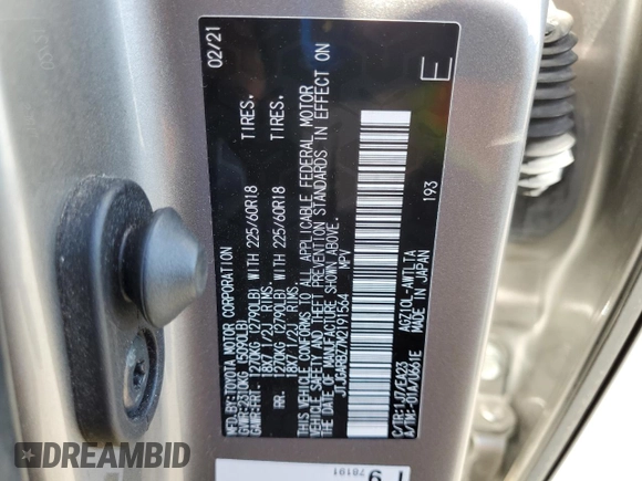 2021 Lexus NX 300 with VIN JTJGARBZ7M2191564, listed as a Copart auction lot 57974155 with 52,499 mi miles and Salvage title. Bid and sale history available at DreamBid. Image 13.