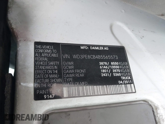 2011 Mercedes-Benz Sprinter Cargo with VIN WD3PE8CB4B5565573, listed as a IAAI auction lot 41821984 with 306,841 mi miles. Bid and sale history available at carsss.com. Image 9.