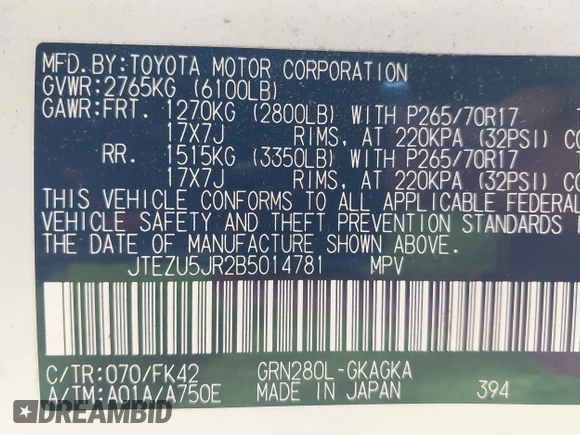 2011 Toyota 4Runner SR5 with VIN JTEZU5JR2B5014781, listed as a IAAI auction lot 42231932 with 124,646 mi miles and . Bid and sale history available at DreamBid. Image 9.