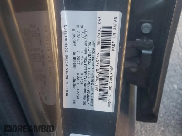 2021 Mazda 3 Select with VIN JM1BPBKL9M1345549, listed as a Copart auction lot 80771954 with 59,400 mi miles and Salvage title. Bid and sale history available at DreamBid. Image 12.