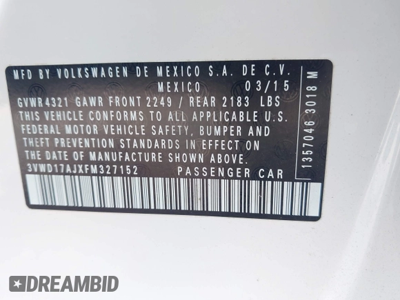 2015 Volkswagen Jetta SE с VIN 3VWD17AJXFM327152, выставлен на аукционе IAAI как лот 42055458 с пробегом 69 412 миль миль и . История ставок и продаж доступна на DreamBid. Изображение 9.