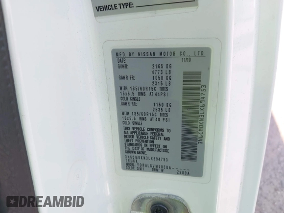 2020 Nissan NV200 SV with VIN 3N6CM0KN3LK694753, listed as a IAAI auction lot 42170439 with 97,466 mi miles and . Bid and sale history available at DreamBid. Image 9.