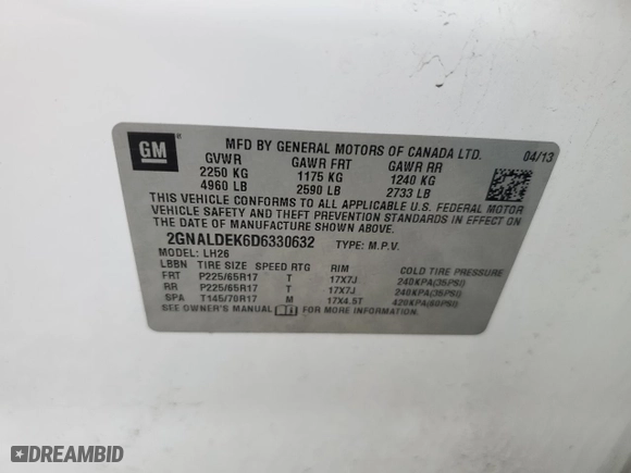 2013 Chevrolet Equinox LT with VIN 2GNALDEK6D6330632, listed as a Copart auction lot 53661795 with 152,750 mi miles and Clean Title. Bid and sale history available at carsss.com. Image 13.