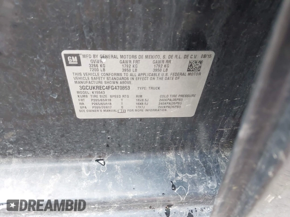 2015 Chevrolet Silverado 1500 LT with VIN 3GCUKREC4FG470863, listed as a IAAI auction lot 41917566 with 300,177 mi miles and . Bid and sale history available at DreamBid. Image 9.