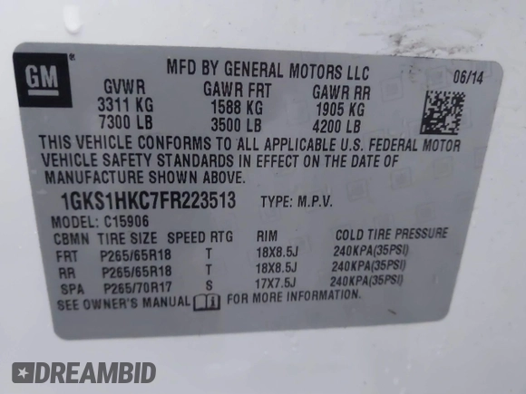 2015 GMC Yukon XL SLT with VIN 1GKS1HKC7FR223513, listed as a IAAI auction lot 40822575 with 128,239 mi miles. Bid and sale history available at carsss.com. Image 9.