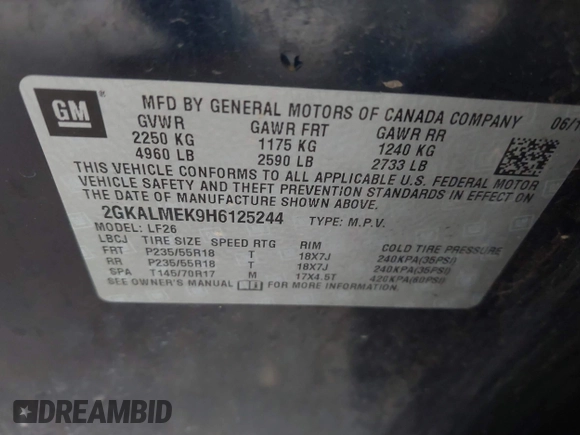 2017 GMC Terrain SLE with VIN 2GKALMEK9H6125244, listed as a IAAI auction lot 42185063 with 216,287 mi miles and . Bid and sale history available at carsss.com. Image 9.