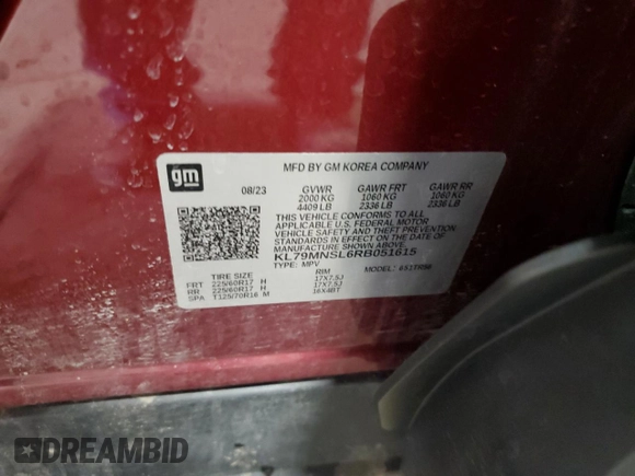 2024 Chevrolet TrailBlazer LS with VIN KL79MNSL6RB051615, listed as a Copart auction lot 50523835 with 20,108 mi miles and Salvage Title. Bid and sale history available at DreamBid. Image 13.