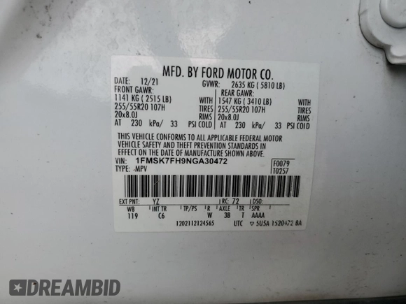 2022 Ford Explorer Limited with VIN 1FMSK7FH9NGA30472, listed as a Copart auction lot 52178155 with Not provided miles and Salvage title. Bid and sale history available at DreamBid. Image 13.