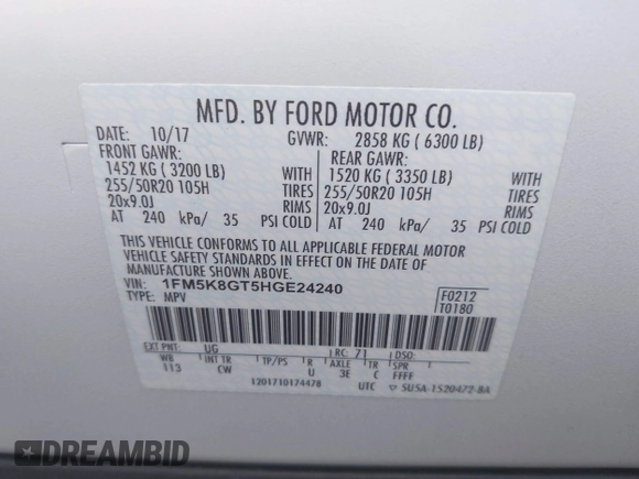 2017 Ford Explorer Sport with VIN 1FM5K8GT5HGE24240, listed as a IAAI auction lot 42490305 with 102,974 mi miles and . Bid and sale history available at DreamBid. Image 9.