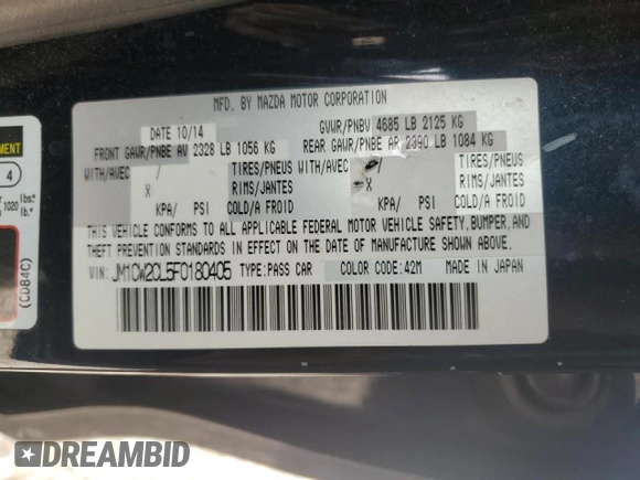 2015 Mazda 5 Touring with VIN JM1CW2CL5F0180405, listed as a Copart auction lot 45465005 with Not Provided miles and Salvage Title. Bid and sale history available at carsss.com. Image 14.