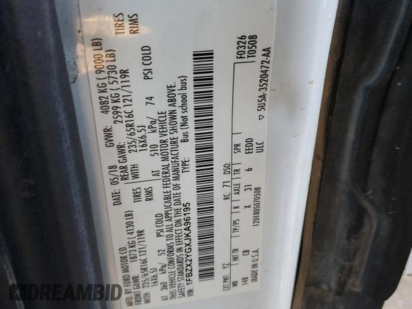 2018 Ford Transit Passenger XL z VIN 1FBZX2YGXJKA96195, wystawiony jako Copart lot #43571525 z przebiegiem 133 661 mil mil oraz Czysty tytuł • Clean title. Historia ofert i sprzedaży dostępna na DreamBid. Obrazek 13.