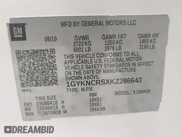 2019 Cadillac XT5 Luxury FWD z VIN 1GYKNCRSXKZ286643, wystawiony jako IAAI lot #42129213 z przebiegiem 87 091 mil mil oraz . Historia ofert i sprzedaży dostępna na DreamBid. Obrazek 9.