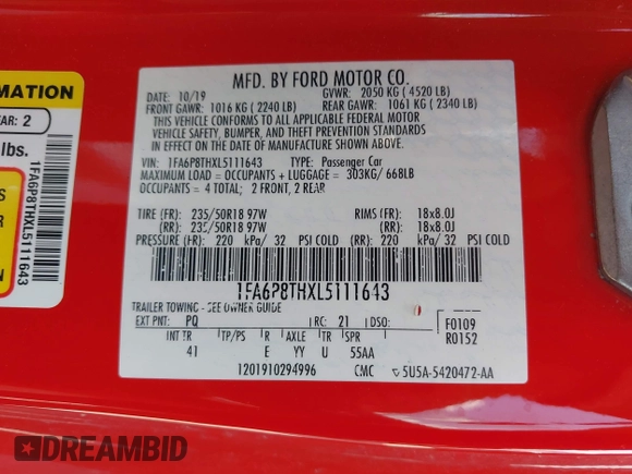 2020 Ford Mustang EcoBoost with VIN 1FA6P8THXL5111643, listed as a IAAI auction lot 42223704 with 59,170 mi miles and . Bid and sale history available at DreamBid. Image 9.
