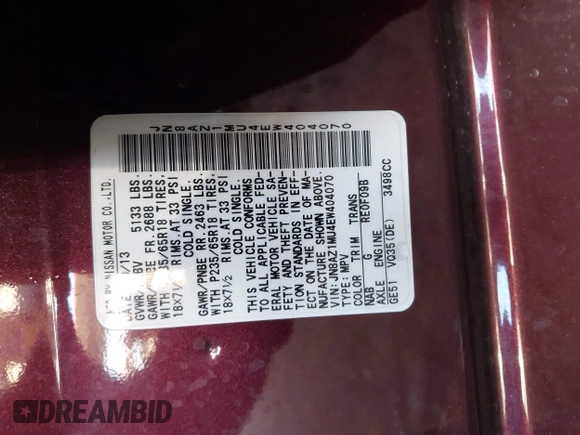 2014 Nissan Murano SV with VIN JN8AZ1MU4EW404070, listed as a IAAI auction lot 41670291 with 91,334 mi miles and . Bid and sale history available at DreamBid. Image 9.