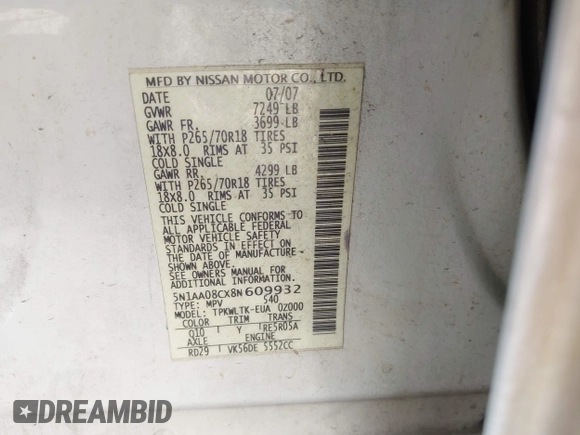 2008 Nissan Armada SE с VIN 5N1AA08CX8N609932, выставлен на аукционе IAAI как лот 42413636 с пробегом 274 898 миль миль и . История ставок и продаж доступна на DreamBid. Изображение 9.