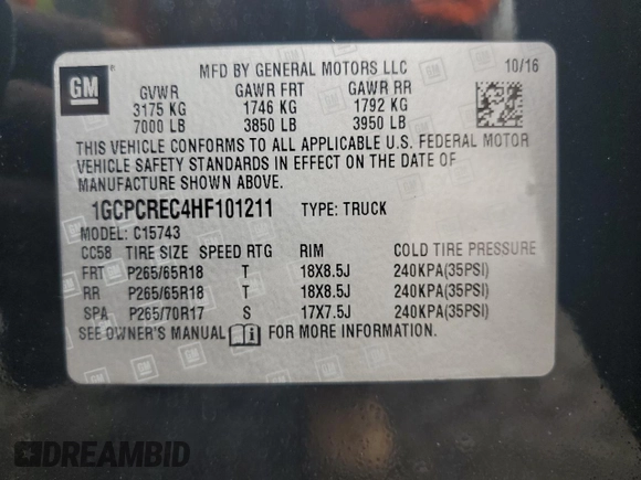 2017 Chevrolet Silverado 1500 LT with VIN 1GCPCREC4HF101211, listed as a Copart auction lot 80962704 with 164,773 mi miles and Salvage Title. Bid and sale history available at DreamBid. Image 15.