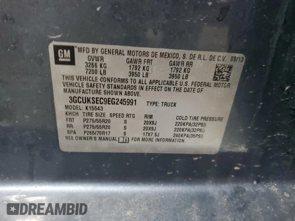 2014 Chevrolet Silverado 1500 LTZ with VIN 3GCUKSEC9EG245991, listed as a Copart auction lot 46620565 with 128,370 mi miles and Salvage Title. Bid and sale history available at DreamBid. Image 14.