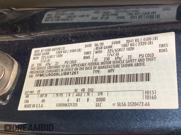 2020 Ford Escape SE с VIN 1FMCU9G68LUB81261, выставлен на аукционе IAAI как лот 42650256 с пробегом 82 353 миль миль и . История ставок и продаж доступна на DreamBid. Изображение 13.