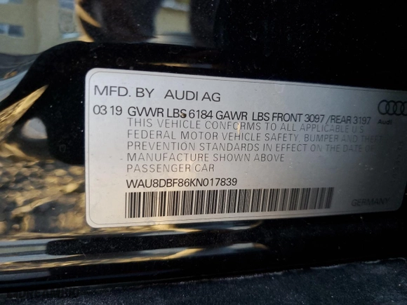 2019 Audi A8 L with VIN WAU8DBF86KN017839, listed as a Copart auction lot 41542215 with 70,561 mi miles and Non Repairable. Bid and sale history available at carsss.com. Image 15.