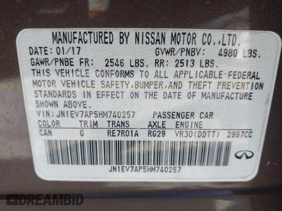 2017 Infiniti Q50 3.0t Premium with VIN JN1EV7AP5HM740257, listed as a IAAI auction lot 41521837 with 78,763 mi miles. Bid and sale history available at carsss.com. Image 9.