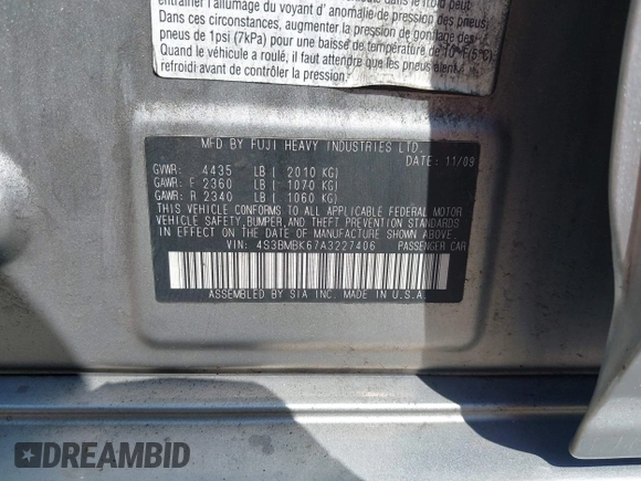 2010 Subaru Legacy Limited Moon with VIN 4S3BMBK67A3227406, listed as a IAAI auction lot 42581962 with 106,406 mi miles and . Bid and sale history available at DreamBid. Image 9.