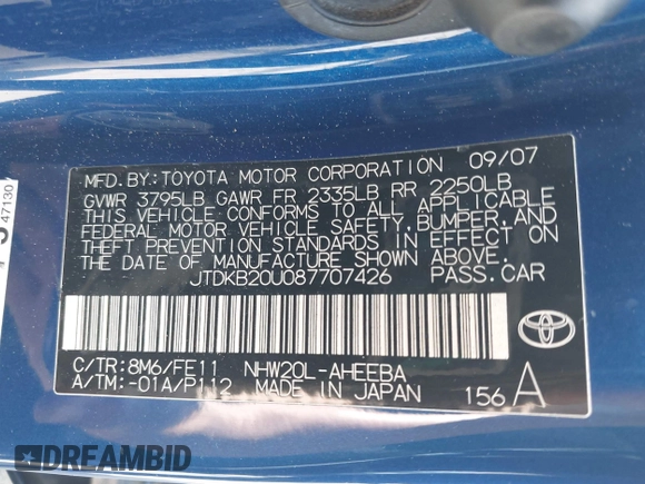 2008 Toyota Prius with VIN JTDKB20U087707426, listed as a IAAI auction lot 42217583 with 209,433 mi miles and . Bid and sale history available at DreamBid. Image 9.