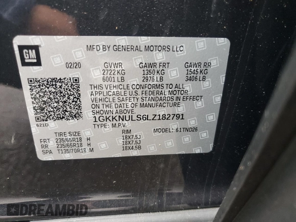 2020 GMC Acadia SLT with VIN 1GKKNULS6LZ182791, listed as a Copart auction lot 50837805 with 36,972 mi miles and Salvage Title. Bid and sale history available at DreamBid. Image 14.