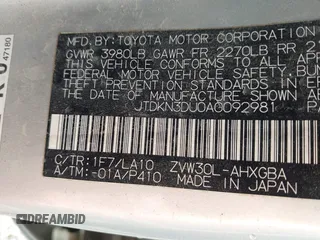 2010 Toyota Prius II with VIN JTDKN3DU0A0092981, listed as a IAAI auction lot 42063196 with 201,306 mi miles. Bid and sale history available at carsss.com. Image 9.