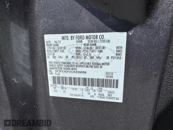 2012 Ford F-150 XL with VIN 1FTFX1EFXCKE09558, listed as a Copart auction lot 62692155 with 105,959 mi miles and Clean title. Bid and sale history available at DreamBid. Image 11.
