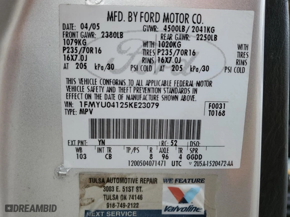 2005 Ford Escape Limited with VIN 1FMYU04125KE23079, listed as a Copart auction lot 45588415 with 226,071 mi miles and Salvage Title. Bid and sale history available at carsss.com. Image 13.