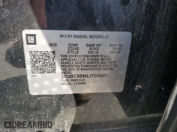 2018 Chevrolet Cruze LS with VIN 1G1BC5SM1J7236803, listed as a Copart auction lot 55121545 with 85,414 mi miles and Clean Title. Bid and sale history available at DreamBid. Image 12.