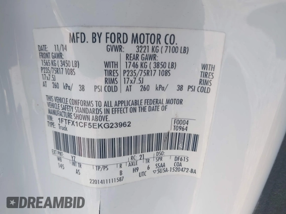 2014 Ford F-150 XL with VIN 1FTFX1CF5EKG23962, listed as a IAAI auction lot 41453430 with 184,837 mi miles. Bid and sale history available at carsss.com. Image 9.