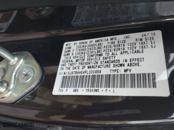 2015 Acura RDX Tech Pkg with VIN 5J8TB4H54FL030898, listed as a IAAI auction lot 41695901 with 136,437 mi miles. Bid and sale history available at carsss.com. Image 9.