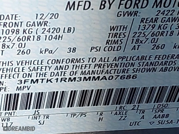2021 Ford Mustang Mach-E Select with VIN 3FMTK1RM3MMA07686, listed as a IAAI auction lot 41702088 with 26,158 mi miles. Bid and sale history available at carsss.com. Image 9.