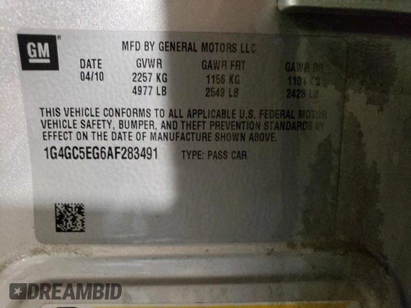2010 Buick LaCrosse CXL with VIN 1G4GC5EG6AF283491, listed as a Copart auction lot 52380795 with 185,851 mi miles and Salvage Title. Bid and sale history available at DreamBid. Image 12.