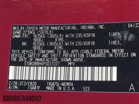 2023 Toyota Highlander L с VIN 5TDKDRBH4PS031327, выставлен на аукционе IAAI как лот 42434302 с пробегом 39 453 миль миль и . История ставок и продаж доступна на DreamBid. Изображение 9.