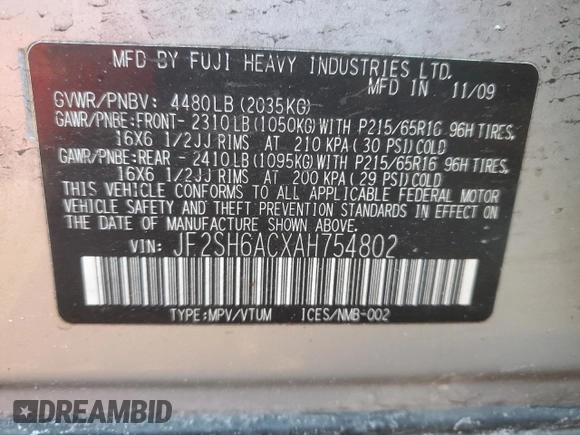 2010 Subaru Forester X with VIN JF2SH6ACXAH754802, listed as a Copart auction lot 42621535 with 235,252 mi miles and Clean title. Bid and sale history available at DreamBid. Image 13.