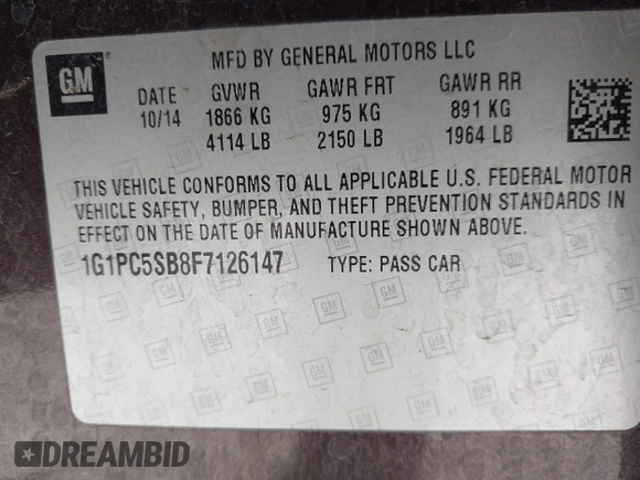 2015 Chevrolet Cruze LT with VIN 1G1PC5SB8F7126147, listed as a IAAI auction lot 42227926 with 156,172 mi miles and . Bid and sale history available at DreamBid. Image 9.