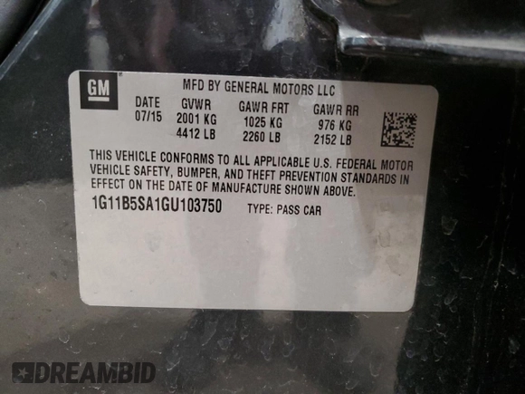 2016 Chevrolet Malibu Limited LS with VIN 1G11B5SA1GU103750, listed as a Copart auction lot 52961665 with 124,451 mi miles and Clean Title. Bid and sale history available at carsss.com. Image 12.