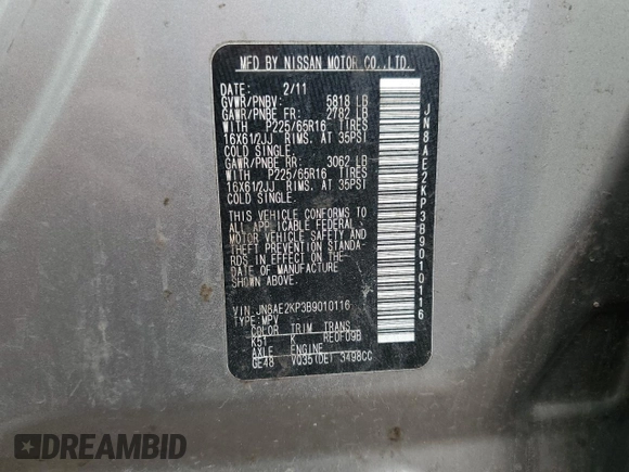 2011 Nissan Quest SL z VIN JN8AE2KP3B9010116, wystawiony jako Copart lot #53478345 z przebiegiem 166 345 mil mil oraz Szkoda całkowita • Salvage title. Historia ofert i sprzedaży dostępna na DreamBid. Obrazek 13.