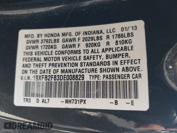 2013 Honda Civic EX with VIN 19XFB2F83DE008829, listed as a IAAI auction lot 41829850 with 148,642 mi miles and . Bid and sale history available at DreamBid. Image 9.