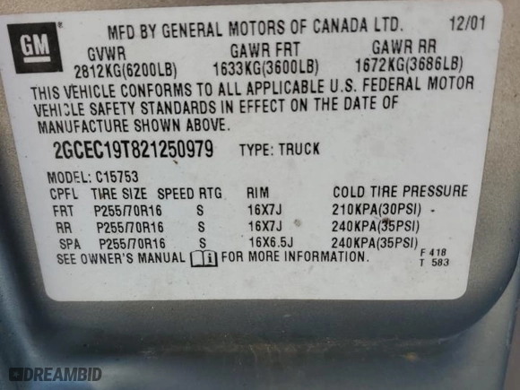 2002 Chevrolet Silverado 1500 LT with VIN 2GCEC19T821250979, listed as a Copart auction lot 82827974 with 219,131 mi miles and Salvage Title. Bid and sale history available at carsss.com. Image 12.