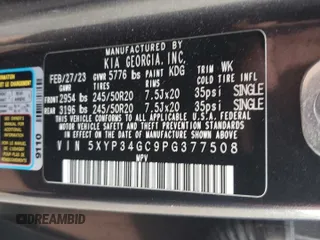2023 Kia Telluride EX with VIN 5XYP34GC9PG377508, listed as a Copart auction lot 55575655 with 52,047 mi miles and Salvage title. Bid and sale history available at DreamBid. Image 13.