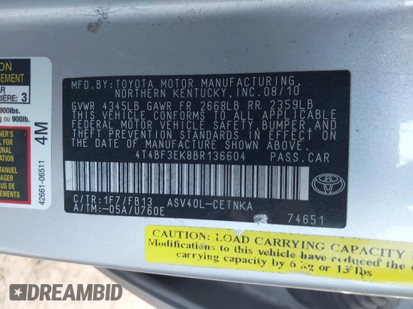 2011 Toyota Camry LE with VIN 4T4BF3EK8BR136604, listed as a IAAI auction lot 41825050 with 135,310 mi miles. Bid and sale history available at carsss.com. Image 9.