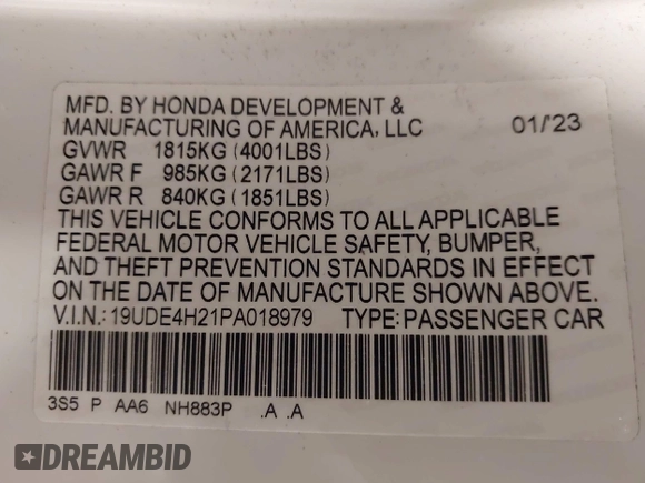 2023 Acura Integra with VIN 19UDE4H21PA018979, listed as a IAAI auction lot 42457893 with 31,047 mi miles and . Bid and sale history available at DreamBid. Image 9.