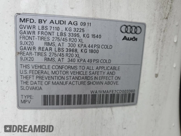 2012 Audi Q7 Prestige with VIN WA1VMAFE7CD003360, listed as a Copart auction lot 61462085 with 151,523 mi miles and Salvage title. Bid and sale history available at DreamBid. Image 13.